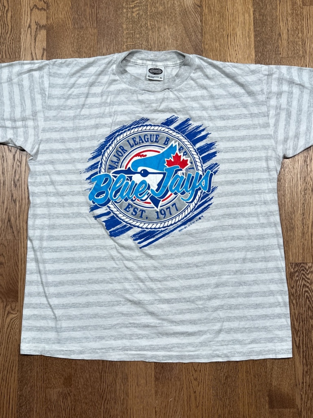 Vintage 90s Toronto Blue Jays 1991 Striped Gray Single Stitch T Shirt Mens XL